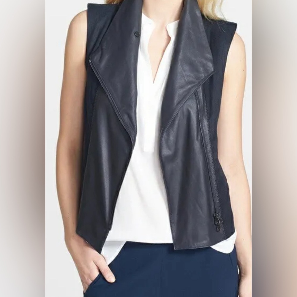 VINCE Vest Goat Leather Trim Moto Navy Blue Sleeveless Top Asymmetrical Zip S